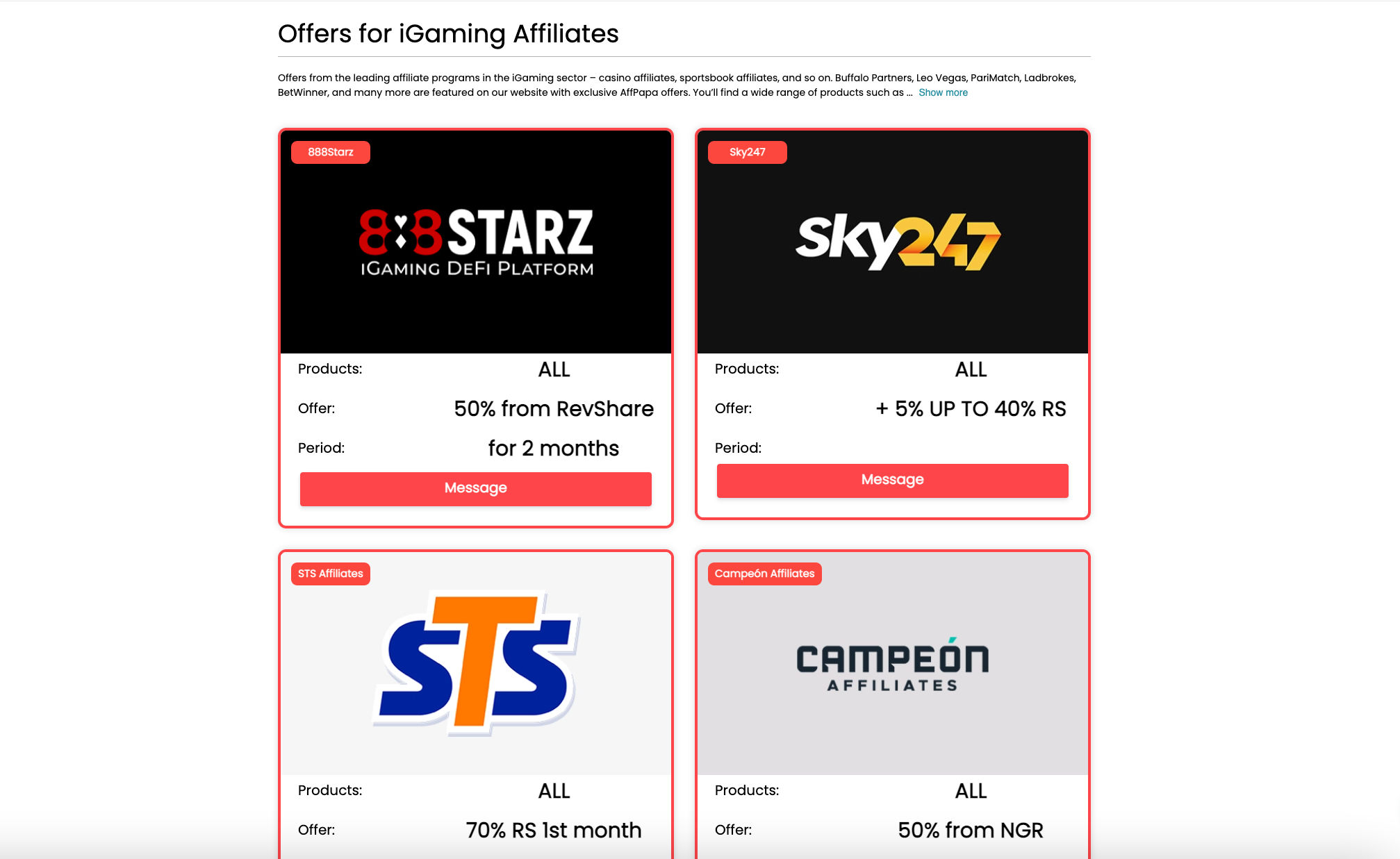 AffPapa_Offers for iGaming Affiliates page