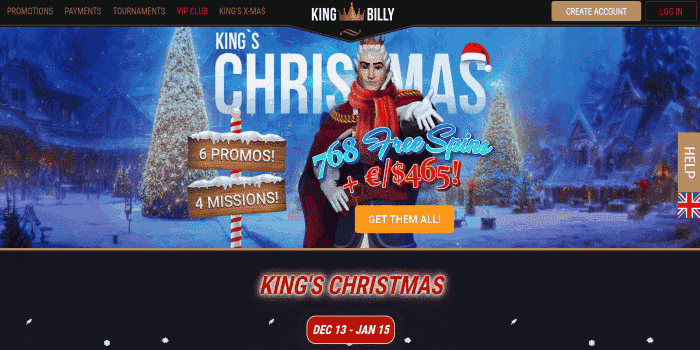Screenshot of King Billy casino Christmas promotions