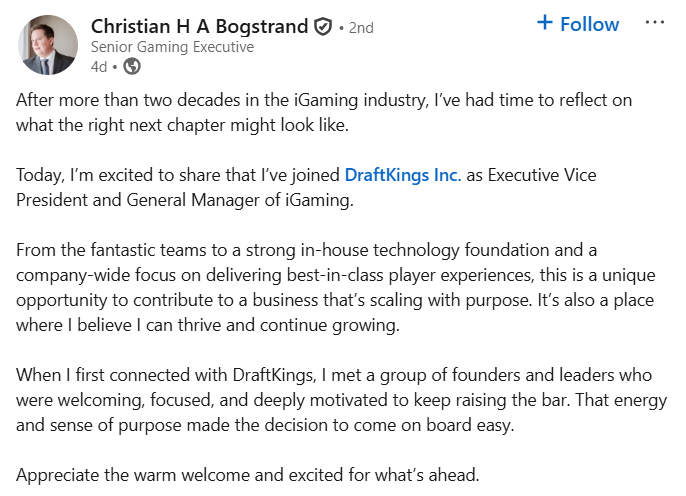 Bet365's Bogstrand joins DraftKings as EVP and iGaming GM