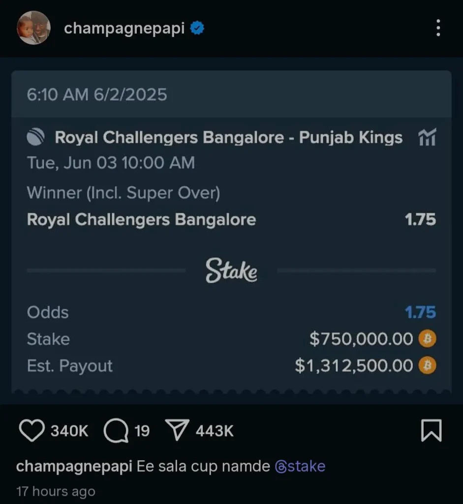 Stake.comのギャンブルプロモーション関連でドレイクが起訴