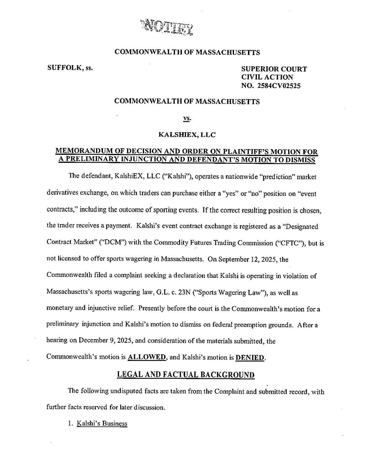 Kalshi to continue operating in Massachusetts for now