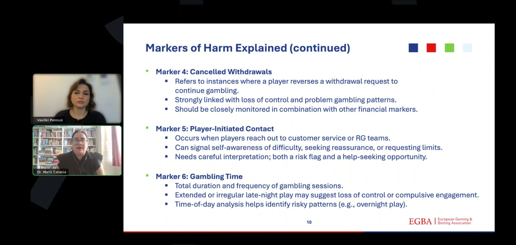 Markers of harm explained: cancelled withdrawals, player-initiated contact, gambling time. Source: EGBA webinar, European Safer Gambling Week 2025